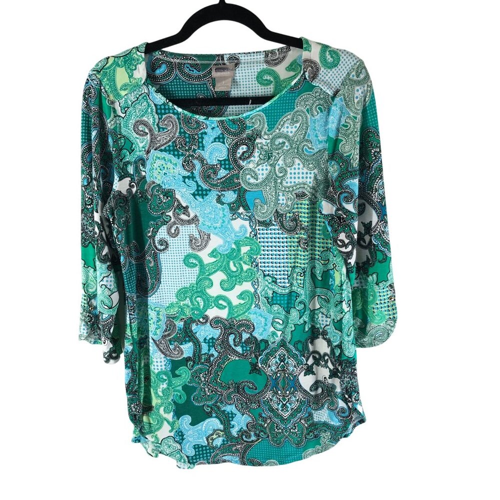 Chicos Womens Zenergy Paisley 3/4 Sleeve Tunic Top Green/Blue Size 1 US 8/10